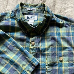Duluth Untucked Men's L Relaxed Fit SS Button Down Plaid Cotton Shirt Green Teal